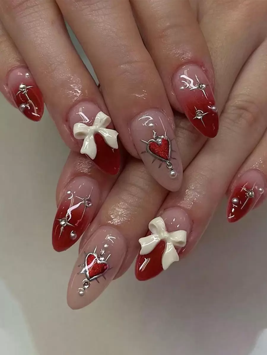 Valentine's Day 24pcs/Set Mid-Length Almond Shape 3d Bowknot Pearl & Rhinestone Decor Gradual Red Heart Fake Nail Tips Set For Nail Art Press On Nails Nail Supplies