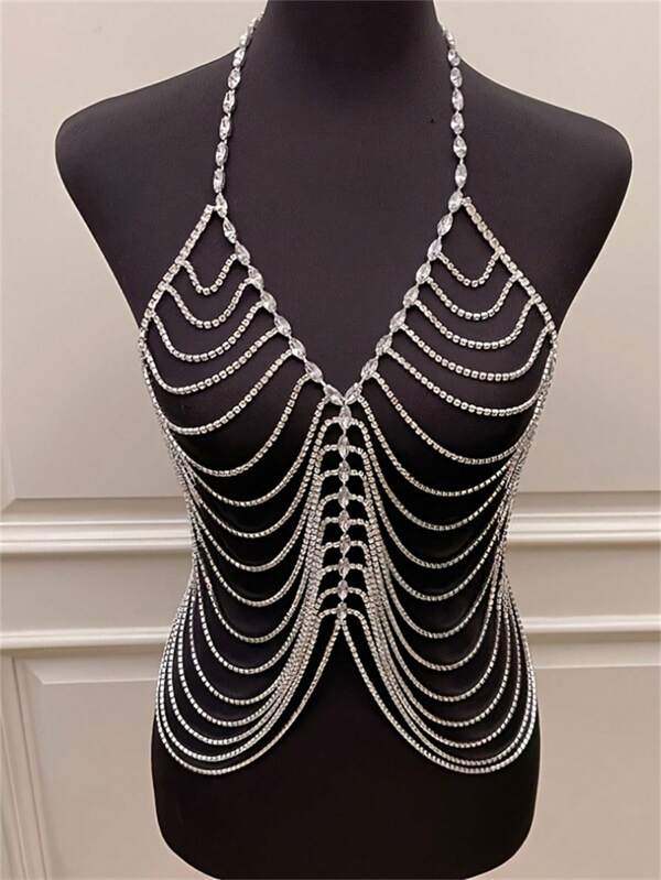 One Piece Women S Rhinestone Body Chain Sexy Gothic Punk Nightclub Bikini Breast Chain SHEIN USA