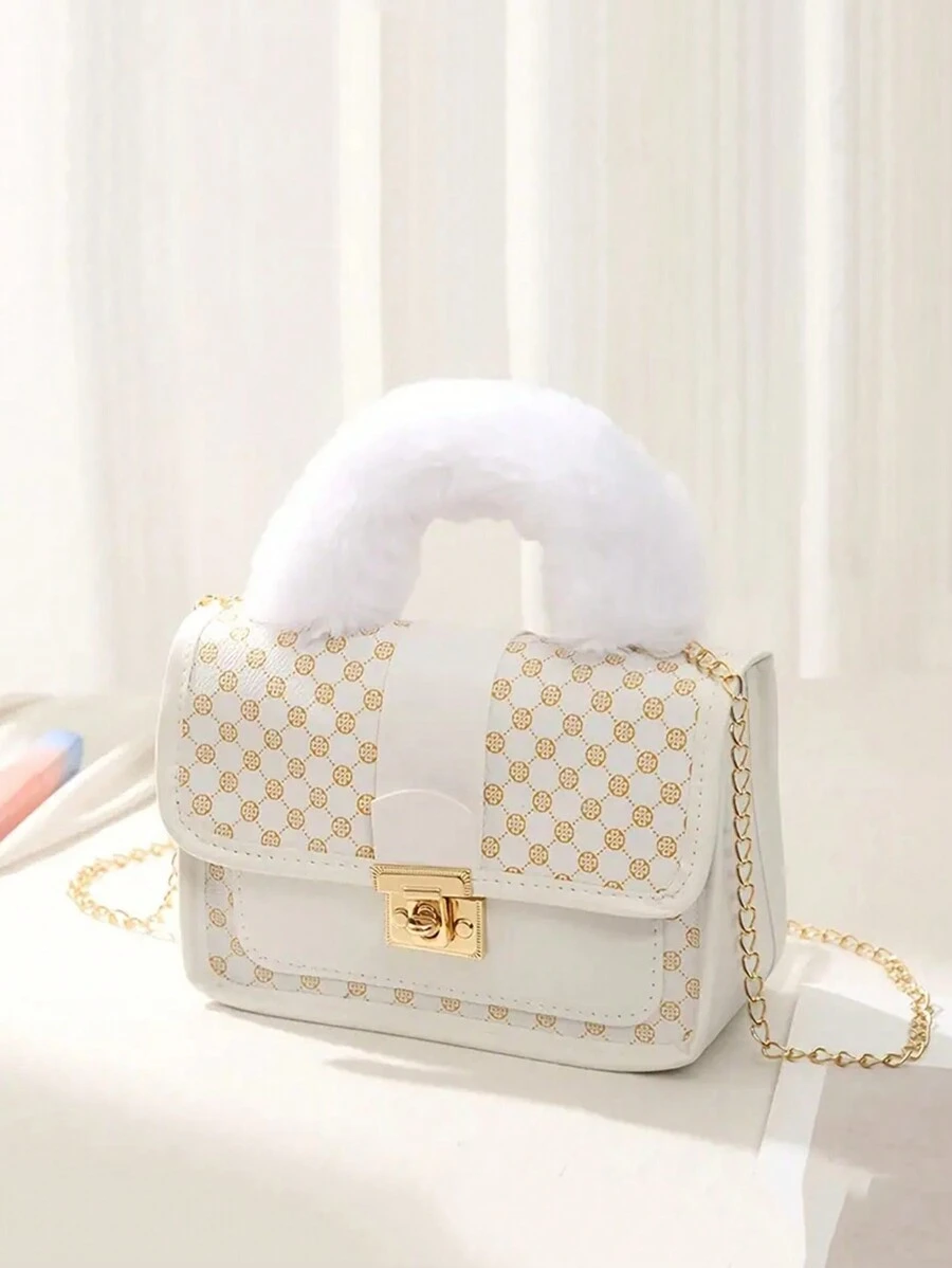 1 Peça Bolsa Plush Impressa Vintage Para Menina, Bolsa De Metal Fofa Com Alça Transversal, Bolsa Móvel Casual, Escolha Ideal Para Presentes