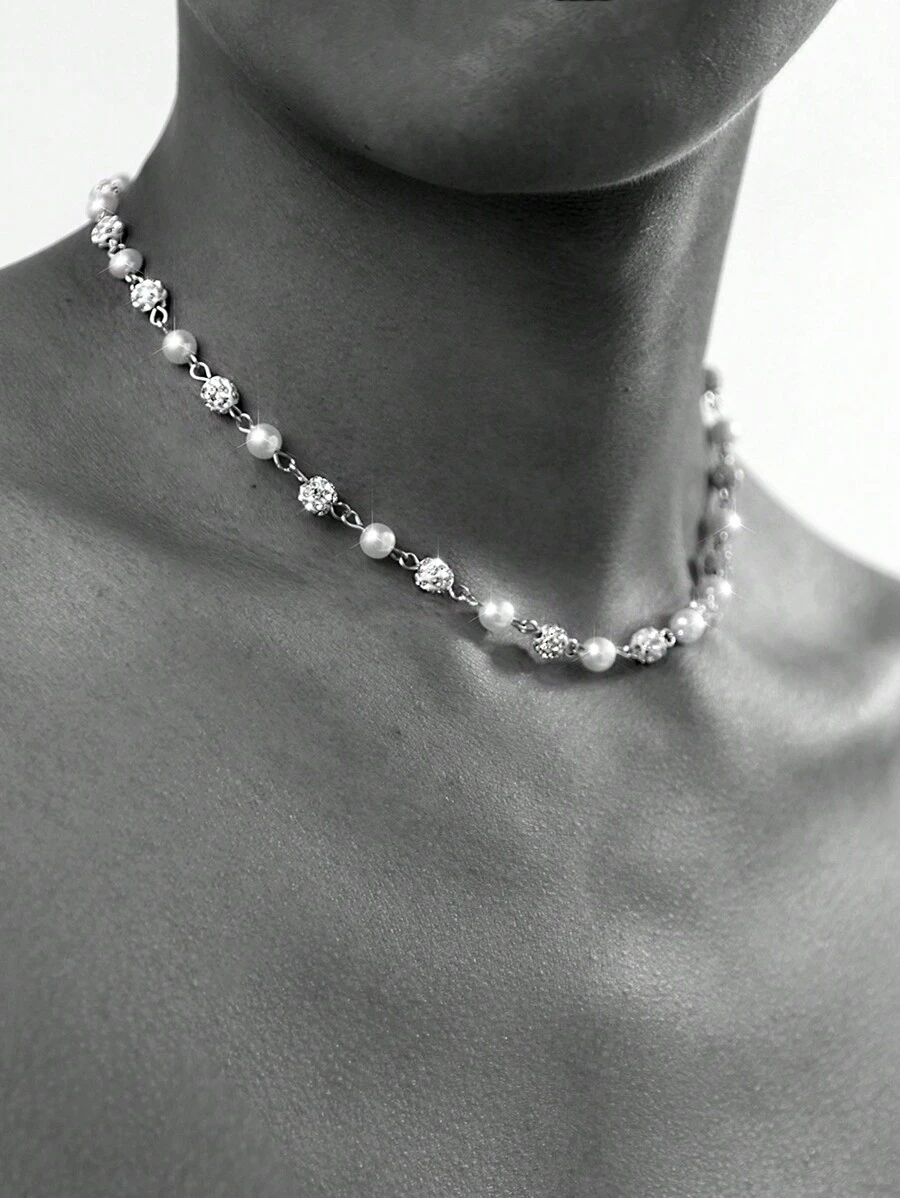 1pc Fashionable Punk Style Simple Water Droplet Rhinestone & Faux Pearl Necklace For Men, Daily Wear, Gift For Friends/Festivals