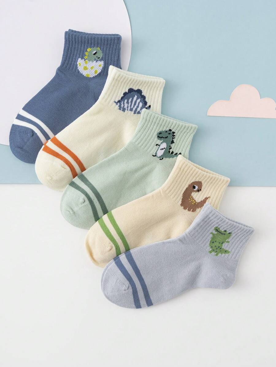 5 Pairs Of Cute Dinosaur Crocodile Fashionable And Versatile Daily Mid-Calf Socks For Boy And Girl