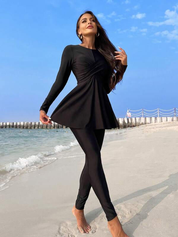 Bikinx Set Crossed Pleated Bikini Top And Nine Point Pants Swimsuit Shein Uk