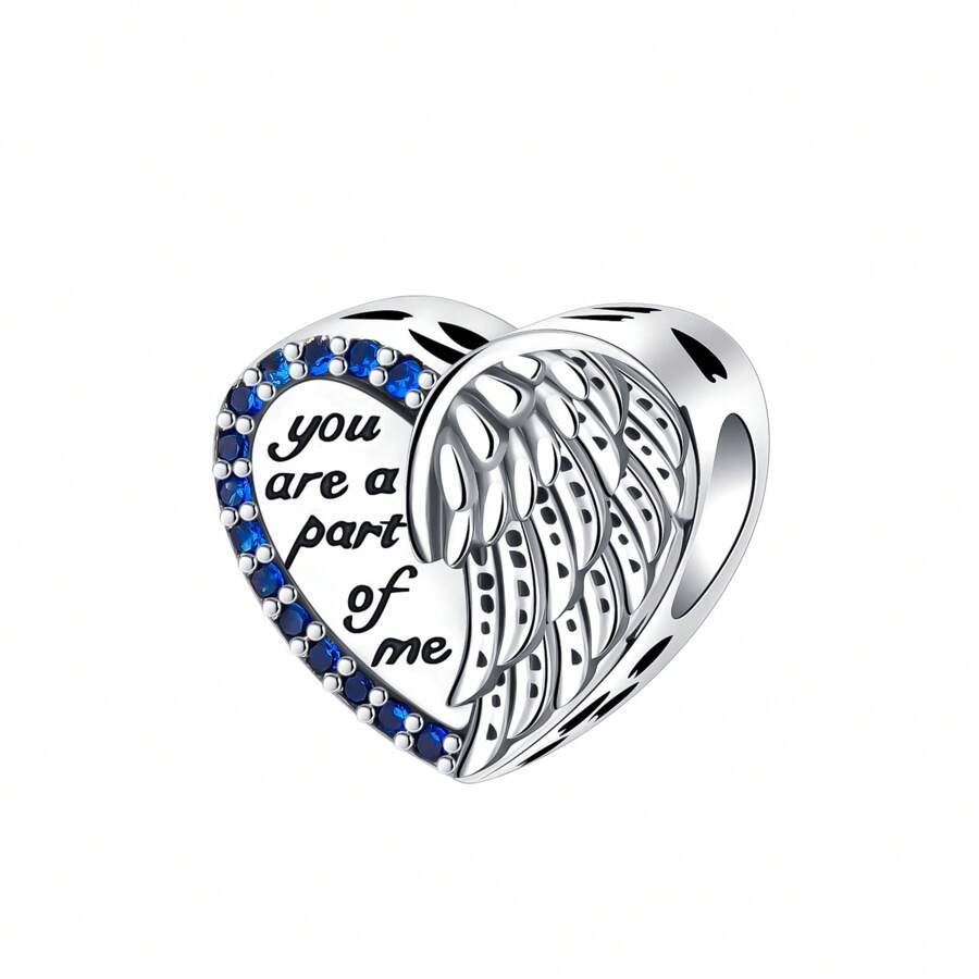 Silver Plated Charm Love Feather Angel Diamond Blue Beads Charm Pendant Ball Suitable For Bracelets DIY Women's Jewelry