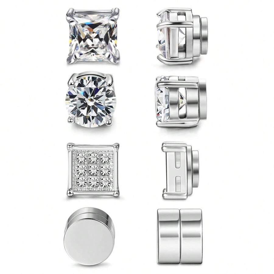 4 Pairs Stainless Steel Magnetic Stud Earrings, Fashion Cubic Zirconia Magnetic Non-Piercing Ear Clip For Men