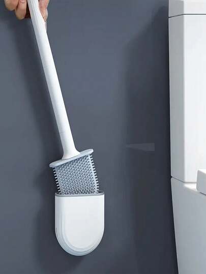 1set Upgraded Design Toilet Brush And Holder, White Plastic Material, Round Handle, Wall-Mounted Silicon Toilet Brush With Drip-Proof Stand