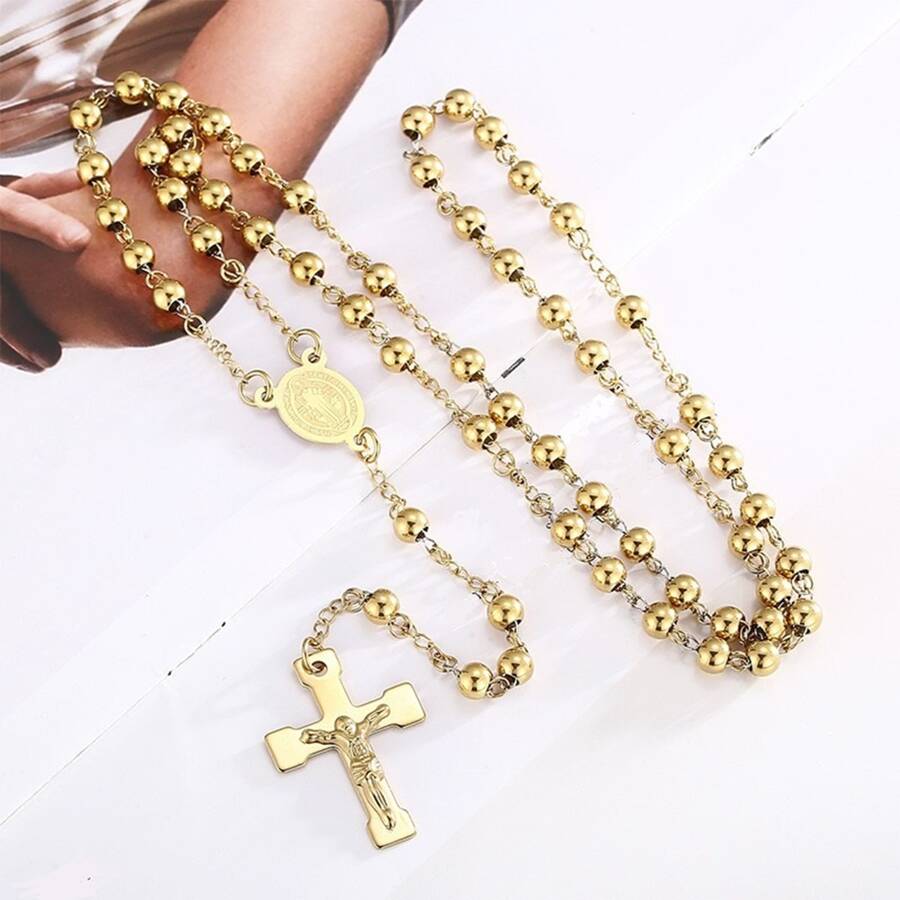 1pc Stainless Steel 6mm Large Cross Pendant Necklace With 59 Beads, Unisex For Daily Wear