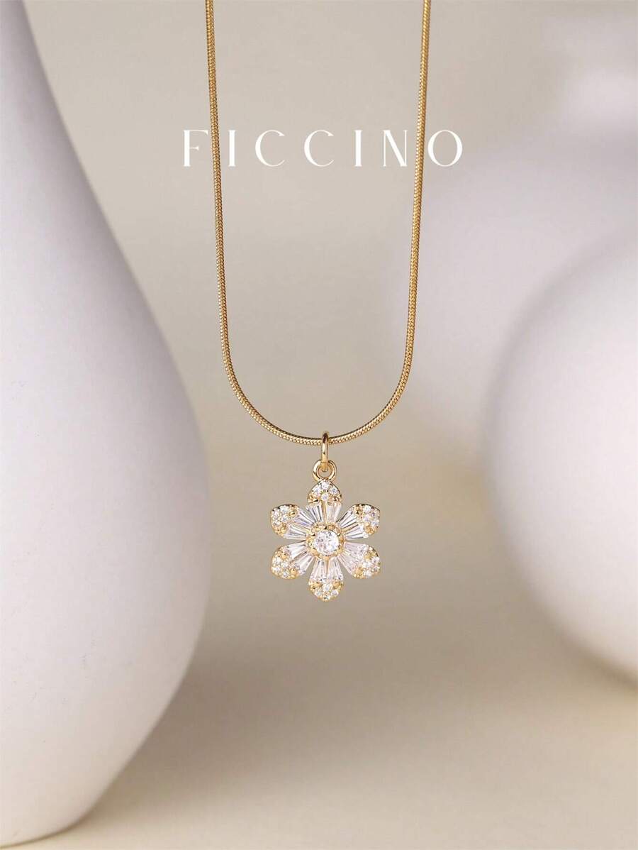 FICCINO Collar colgante floral FICCINO, chapado en oro con circonita cúbica, cadena de acero de titanio dorado, collar elegante para mujer, gargantilla versátil, incluye caja de regalo para festivales y aniversarios