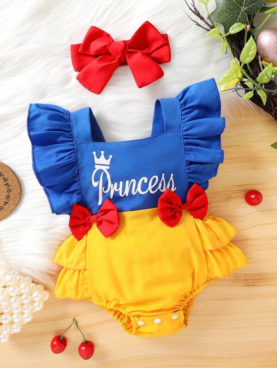 Vestido de una pieza con diseño de corona y letras, decorado con lazo, para bebés y niñas pequeñas - Outfit casual de fiesta y vacaciones, Primavera/Verano