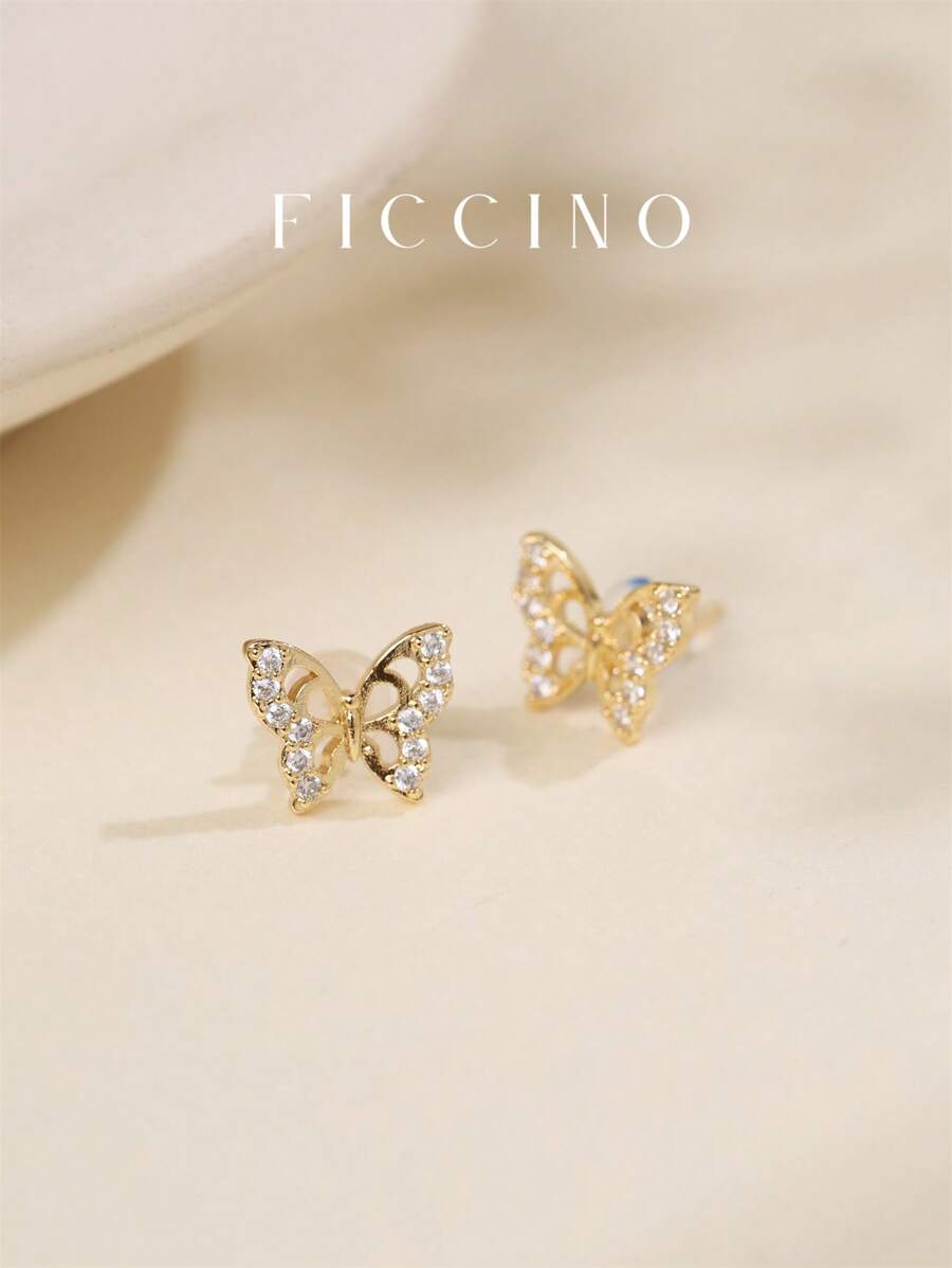 FICCINO Aretes de mariposa calados para mujer FICCINO, chapados en oro con circonita cúbica, elegantes para uso diario, aniversario, regalo festivo, con estuche para joyería