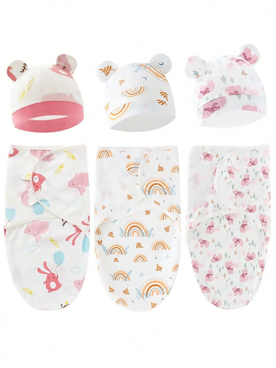 3pcs Caps And 3pcs Swaddle Blankets Set, Suitable For Infants Love Valentine