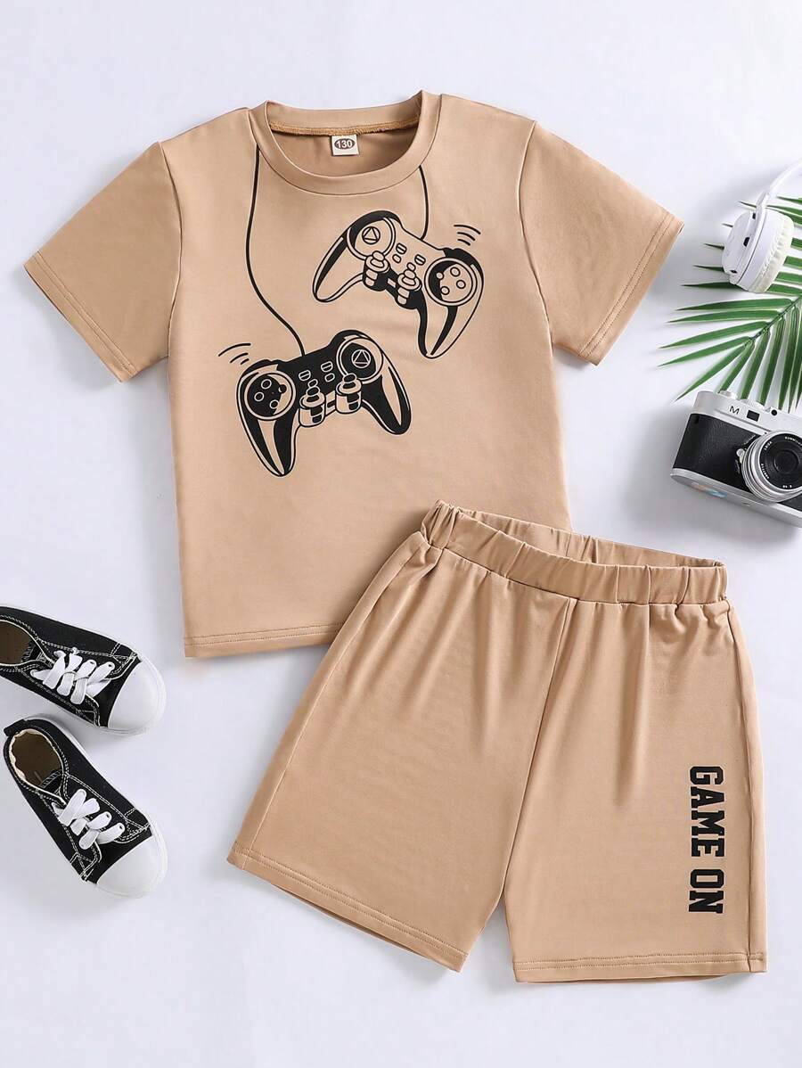 Ensemble de 2 pièces pour garçon pré-adolescent avec Haut imprimé à manches courtes console de jeu et short imprimé avec des lettres