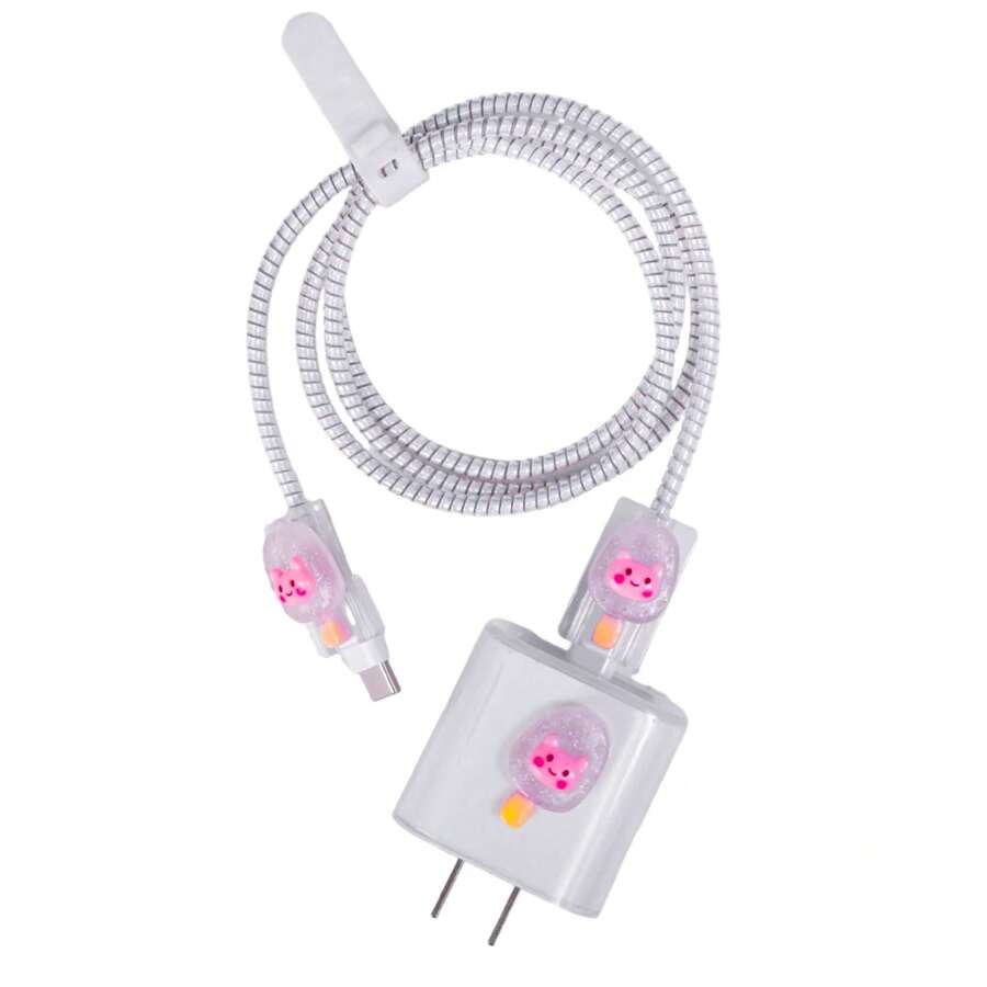 5 peças kit protetor de cabo e fonte usb-c 20W compativel com Compatível com iPhone ios capa protetor silicone picolé Lilás