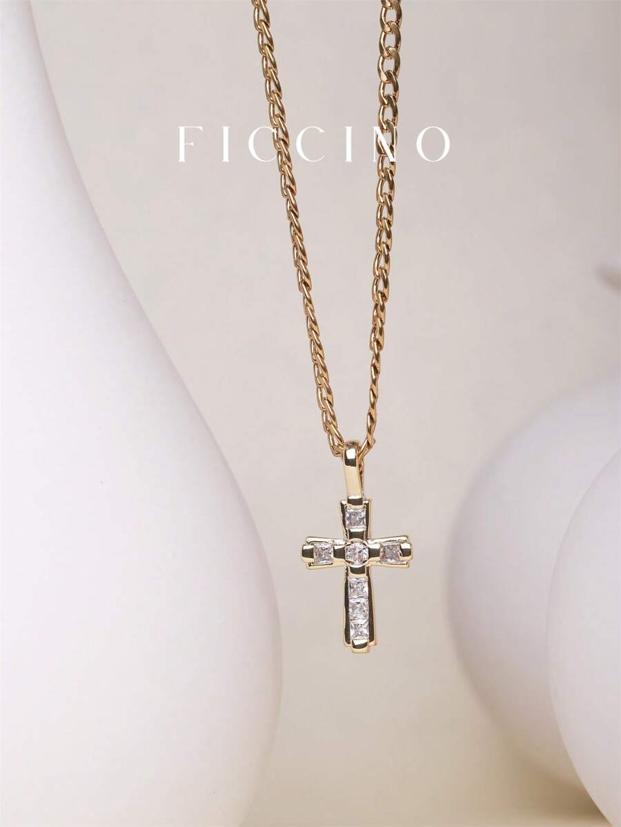 FICCINO FICCINO Colier clasic pentru bărbați, vintage, placat cu aur, pandantiv cu cruce CZ, colier cu lanț din oțel titan, neutru și elegant pentru purtarea de zi cu zi, vine cu cutie