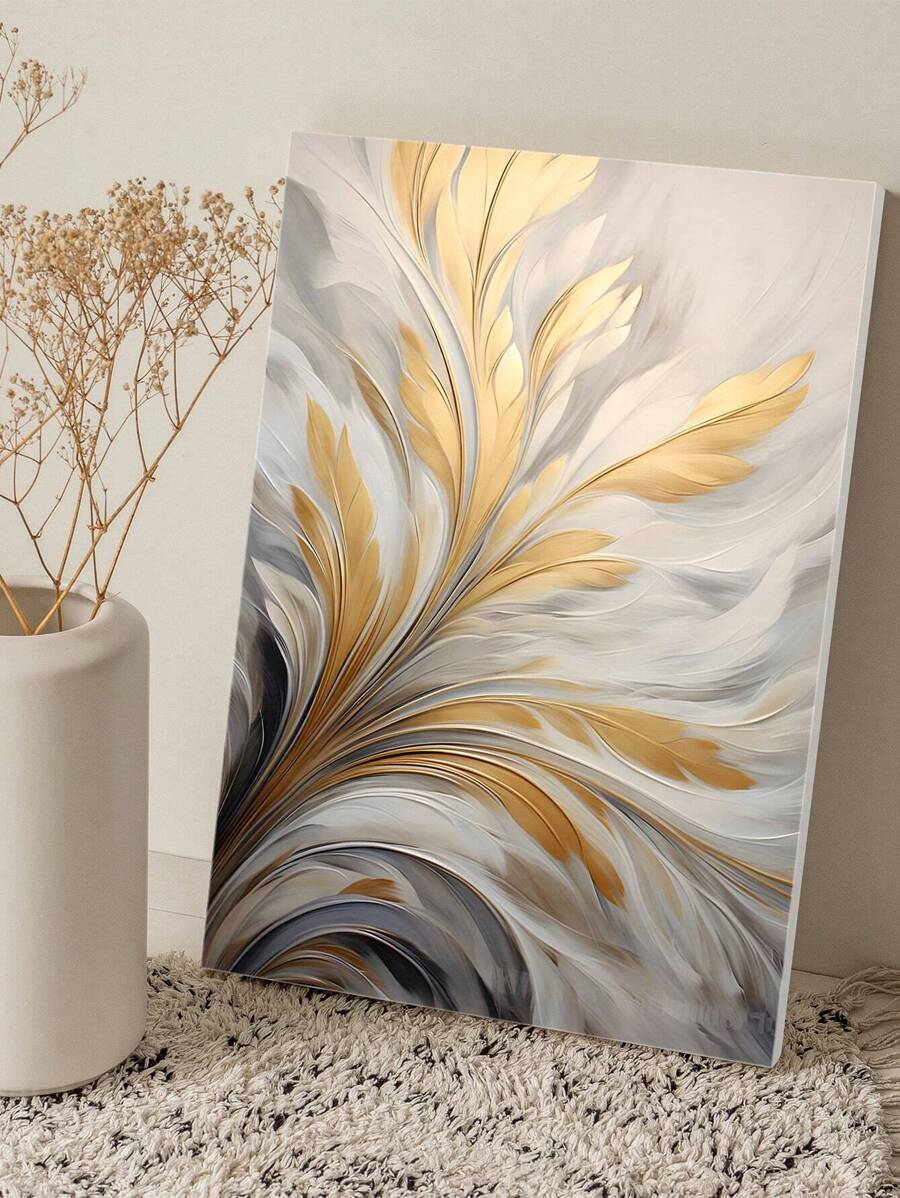 1 Pc Abstract Flower Framed Canvas Wall Art Poster Modern Minimalist Gold And Grey Floral Wall Decor Painting Picture For Bedroom Living Room Decor With Frame Gifts Birthday Graduation