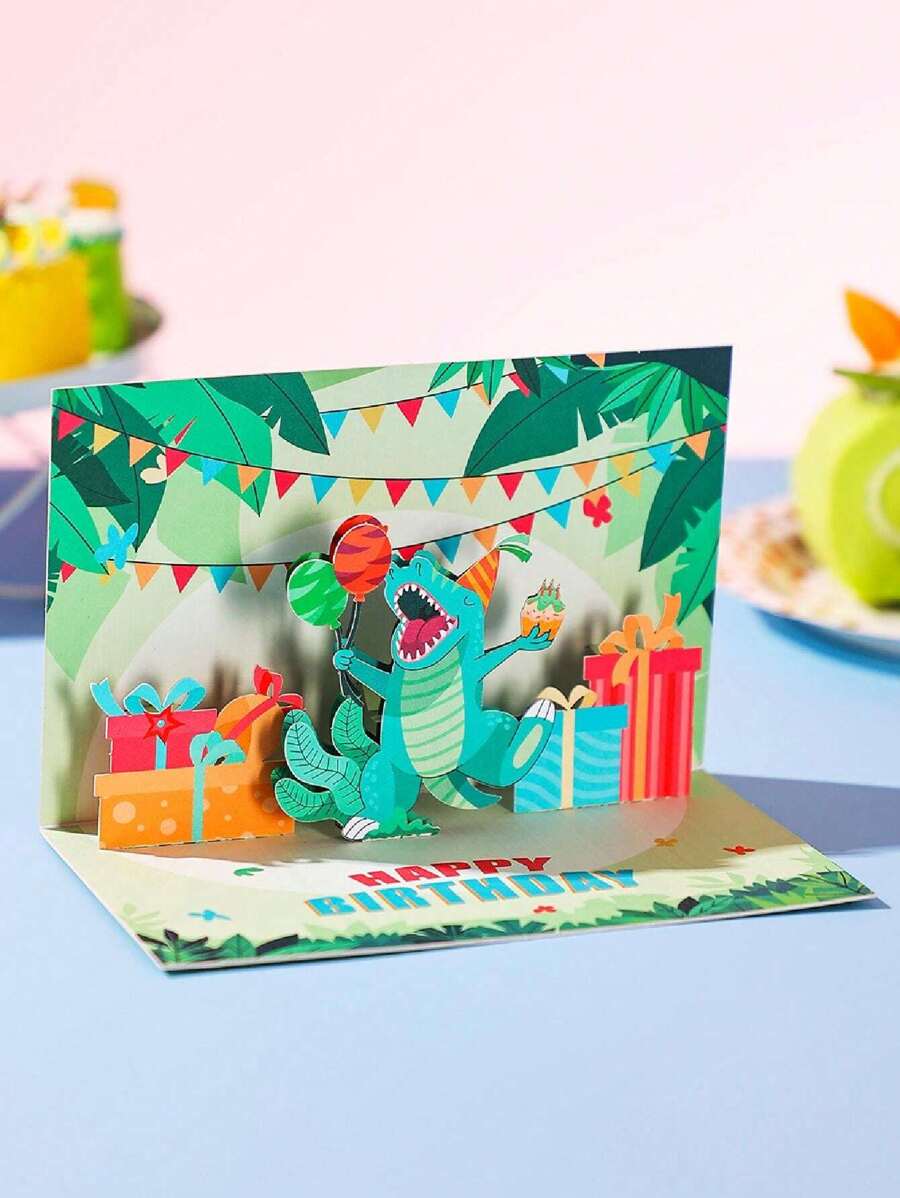 1 pièce Carte d'anniversaire dinosaure 90°, carte pop-up faite à la main, carte de voeux d'anniversaire pour les amis, carte pop-up créative polyvalente pour l'anniversaire, carte de bénédiction 3D pour la fête d'anniversaire