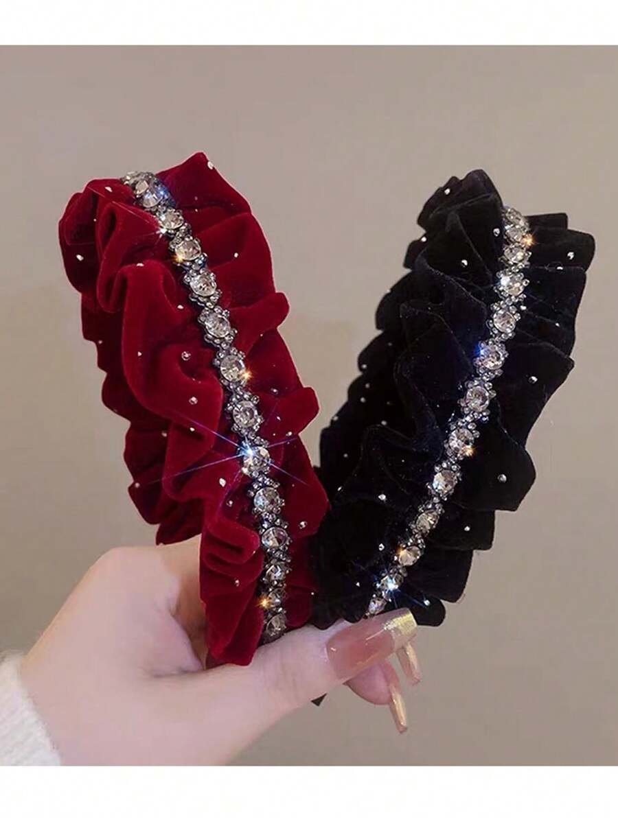 1pc Girls' Velvet & Rhinestone Chain Decor Fold Headband, Versatile For Daily Wear