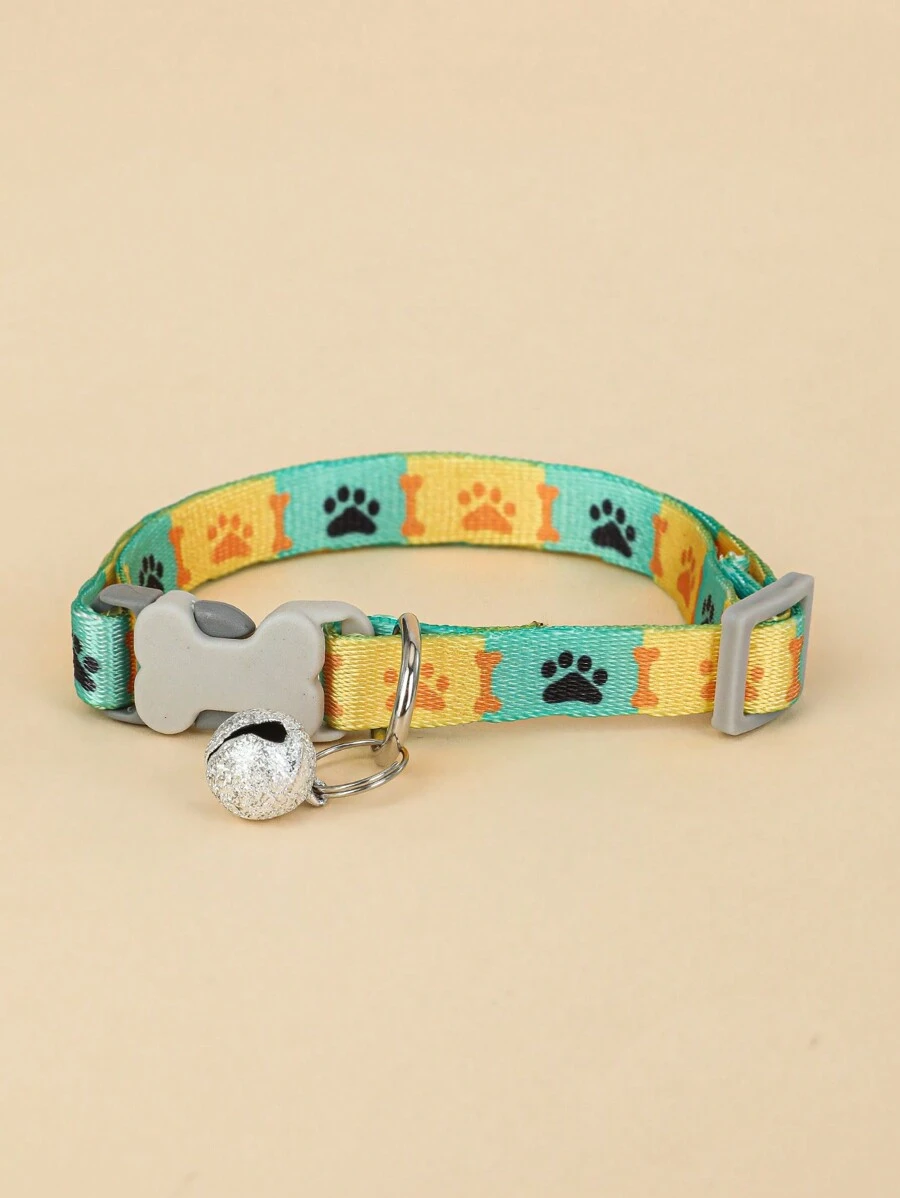 1pc Pet Bone Shaped Printed Nylon Collar With Buckle, Bell & Paw Print Pattern, Double-Sided Printed, For Small Dogs And Cats