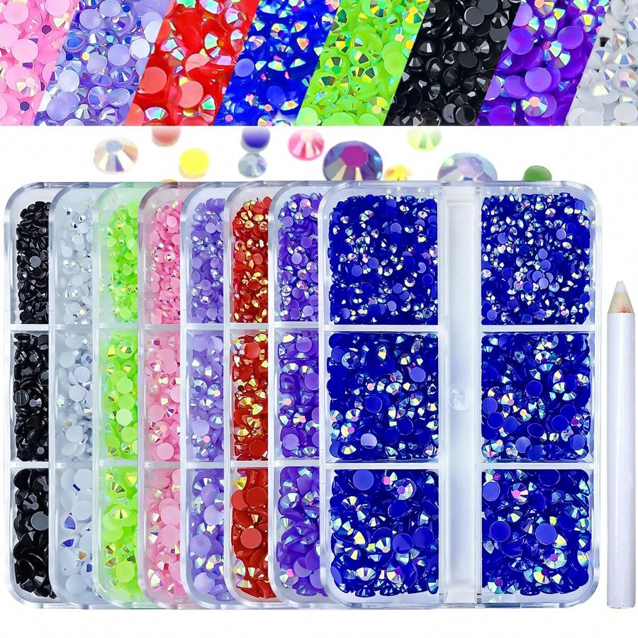 1920pcs / 6 Grids Resin Rhinestones Beads With Wax Pen, Multicolors 2mm 3mm 4mm Non-Hot Fix Flatback Round Jelly Resin Rhinestones For Nail Art Decoration, Face Makeup, DIY Jewelry Craft, Making Accessories, Shoes, Clothes, Bags Nail Charms Nail Gems Nail Supplies