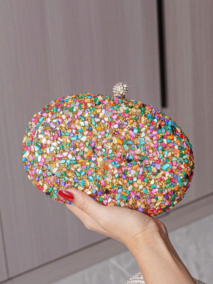 Vincy Glitter Handbag Evening Bag With Colored Stones & Rhinestones Decor, Egg-Shaped Clutch Purse, Shoulder/Crossbody/Chain/Clutch Bag For Women , Perfect For Party, Wedding, Prom, Dinner/Banquet, Matching With Wedding Dress, Formal Dresses, Prom Dress, Birthday Dress