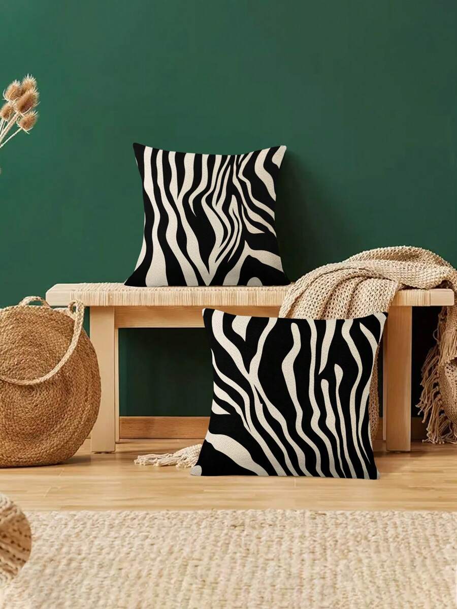 2pcs/Set Modern Style Black And White Zebra Pattern Linen Decorative Pillow Cover, 45cm*45cm/17.72in*17.72in Square, Single Side Printed, Soft And Comfortable, Suitable For Daily Home Decoration (Pillow Core Not Included)
