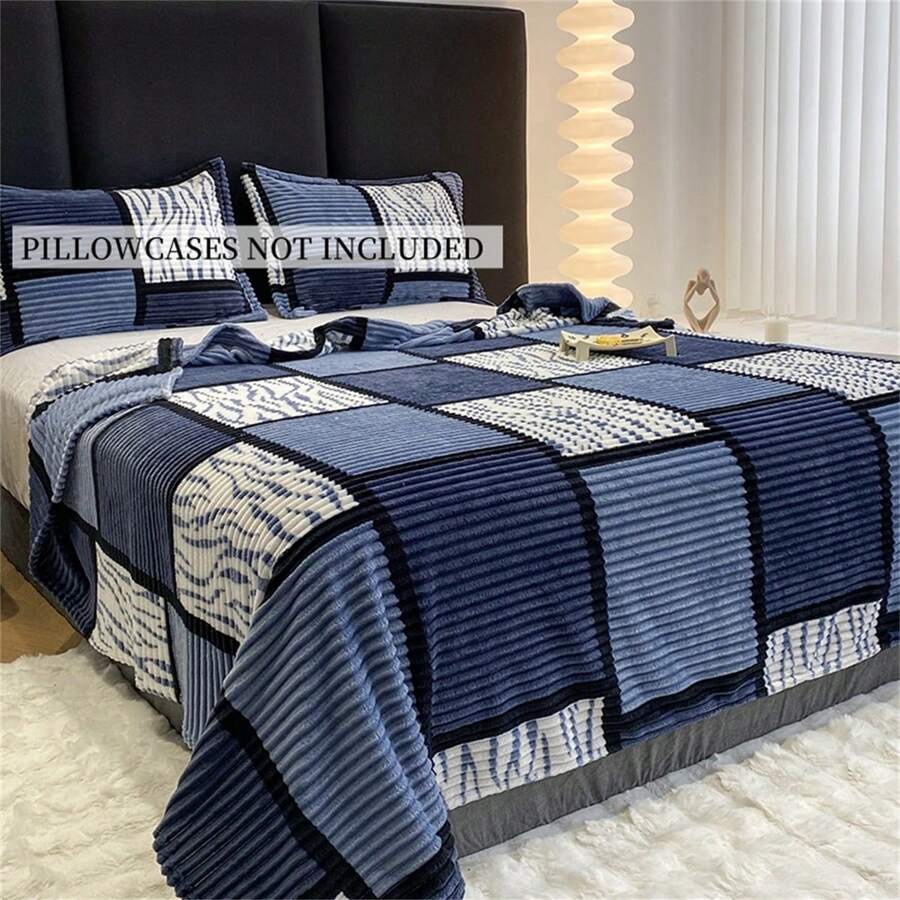 1pc Simple Striped Plaid Splicing Printed Blanket, Soft Warm Bedspread Or Shawl, Suitable For Living Room And Bedroom Furniture Decoration