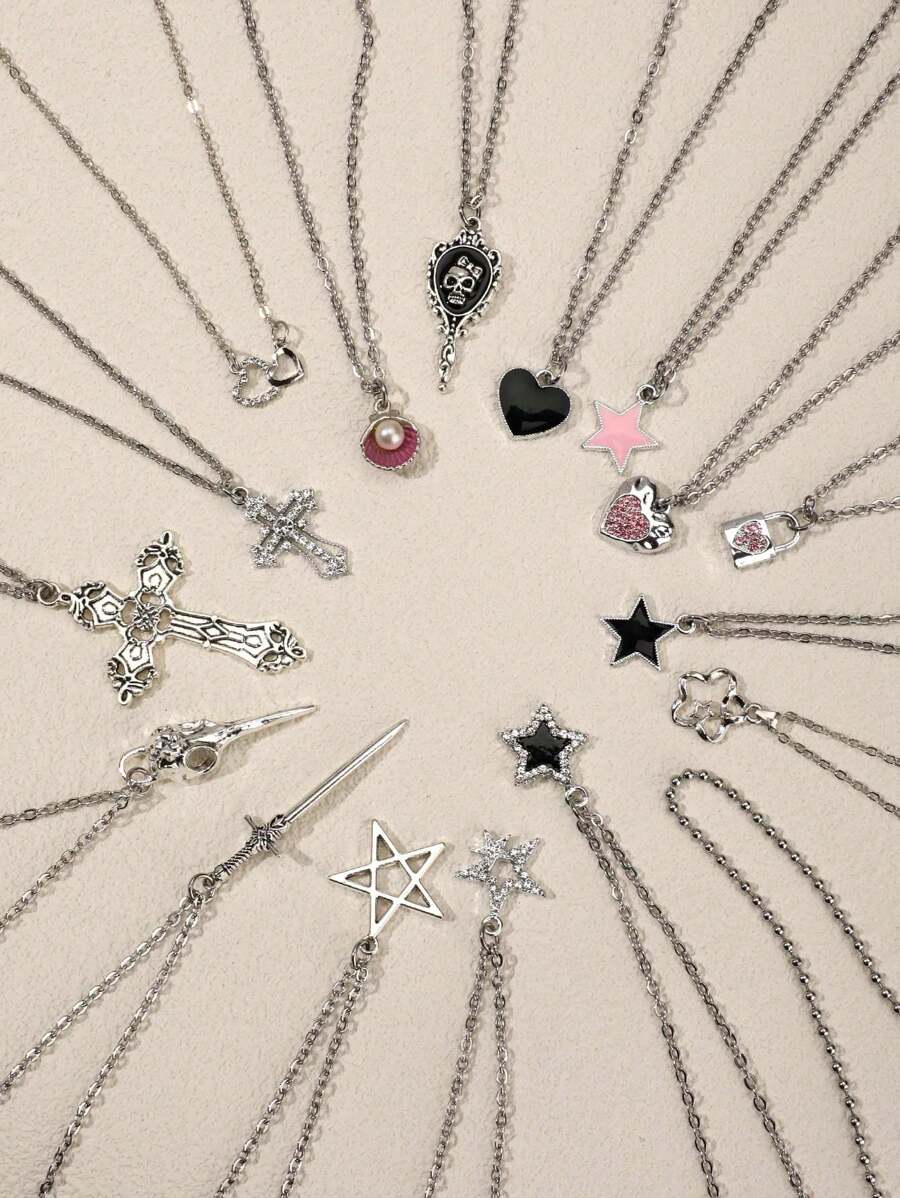 Conjunto de 5 colares estilo Y2K Retro Gótico Punk Rock, incluindo estrela, cruz com strass, cruz em formato de coração, pingentes em forma de borboleta, com corrente de aço inoxidável. Estilo Ins, Personalizado, Hip Hop, Estilo Boêmio, Colares de Pingente Love-Lock.