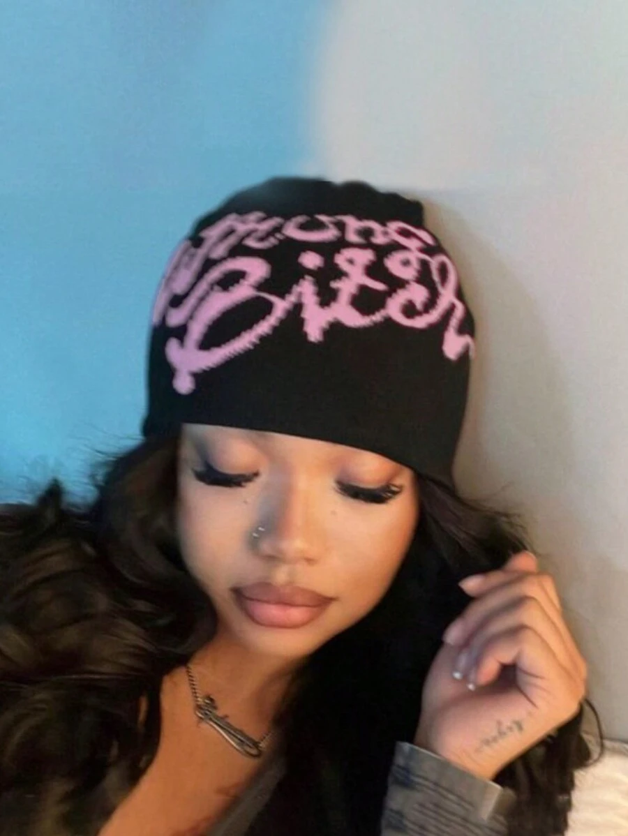 1 pièce Casquette tricotée élastique unisexe pour automne/hiver, style de rue de hip-hop, impression de lettre, chapeau de cagoule, gardant au chaud