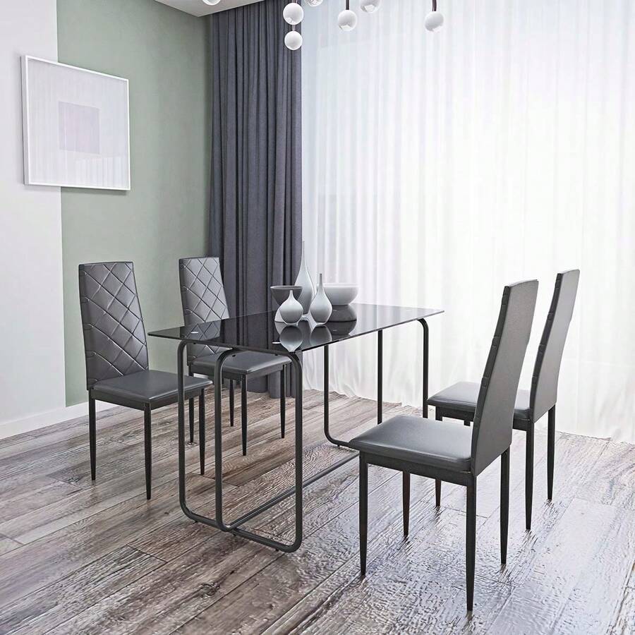 5-Piece Rectangle Dining Table Set With Metal Frame, Tempered Glass Dining Table For Kitchen Room