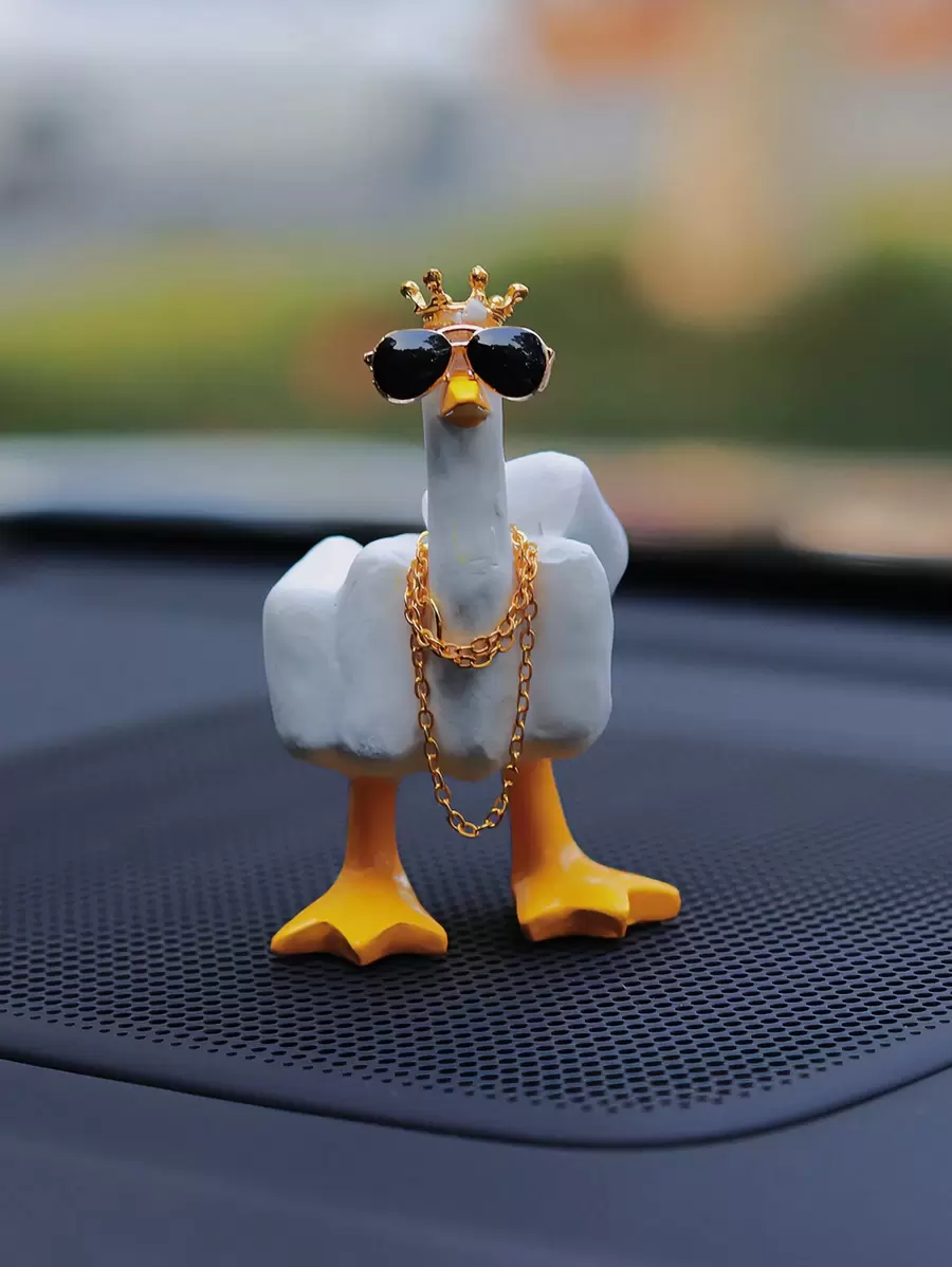 Interesting Middle Finger Duck Shaped Car Dashboard Ornament With Sunglasses And Chain, Car Interior Decorative Accessory