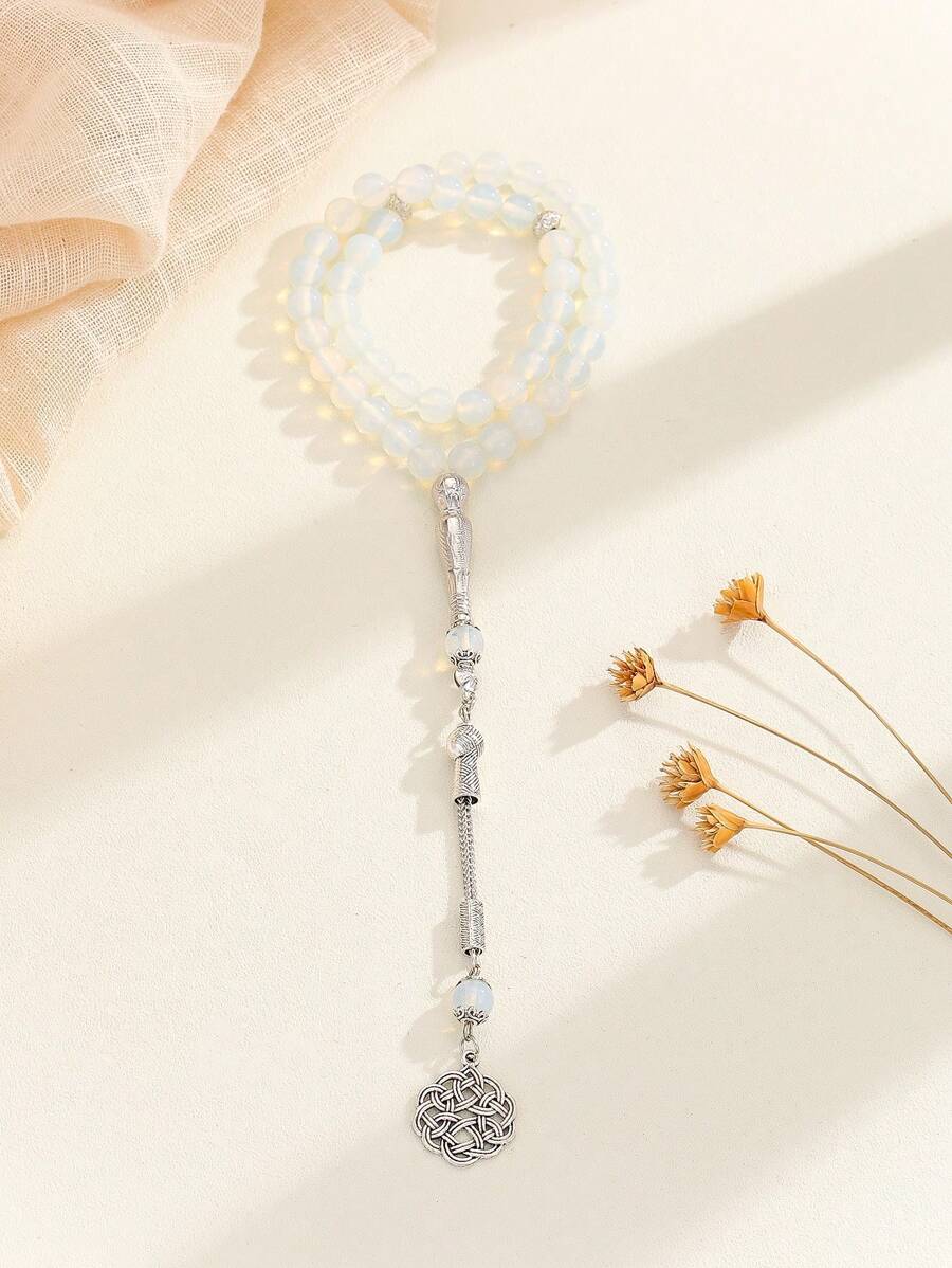 1pc Women's Handmade Agate Bead & Chinese Knot Tassel Bracelet With 45 Beads