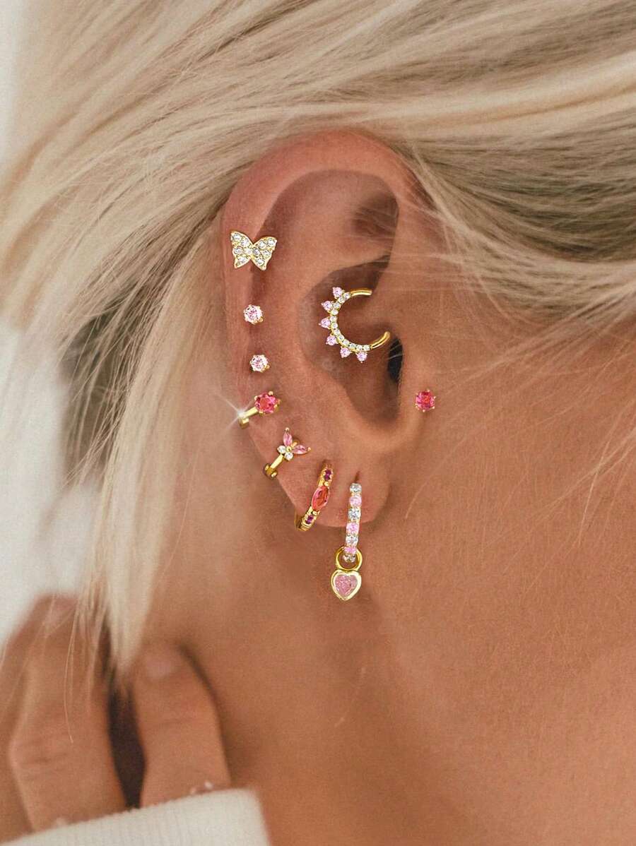 Set de 9 pares de pendientes con zirconia de color rosa pálido, de estilo minimalista y elegante, adecuados para uso diario, citas y fiestas de mujeres