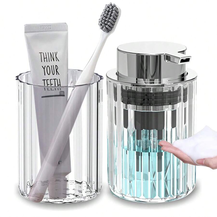 2pcs Foam Hand Soap Dispenser And Mouthwash Cup Set Home Bathroom Decor Summer Back To School