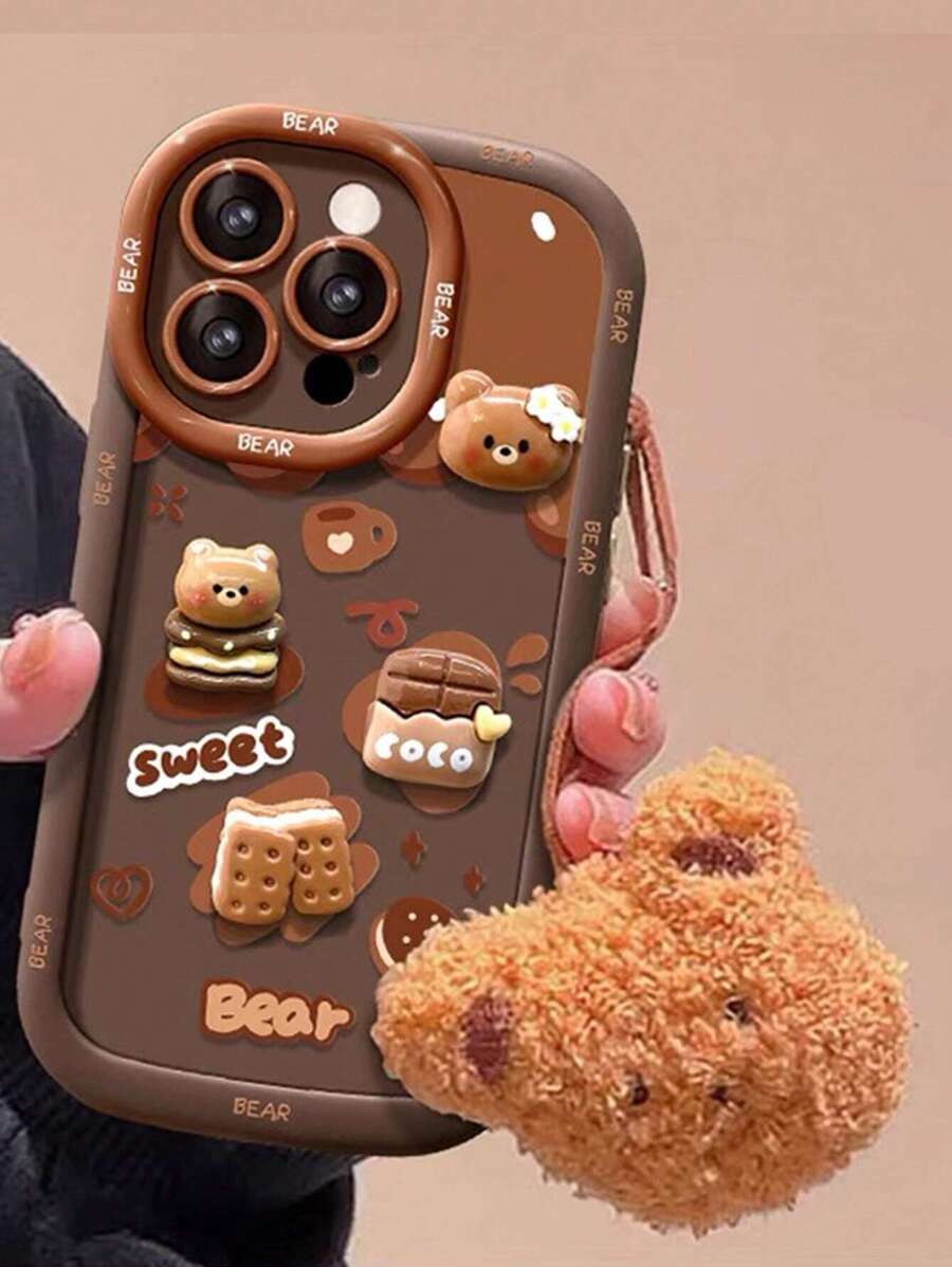 Cute Phone Case Cartoon Handicraft Sticker Accessories Bear Lanyard Hanging Decoration Novelty Apple Painting Anti-Fall Phone Case Protective Cover Compatible With IPhone 15 (Xr/7/8), Iphone 15 Pro Max (13/14/11), Iphone 12 Pro (Xs) With Tpu Anti-Shock Soft Edge Phone Case Kawaii