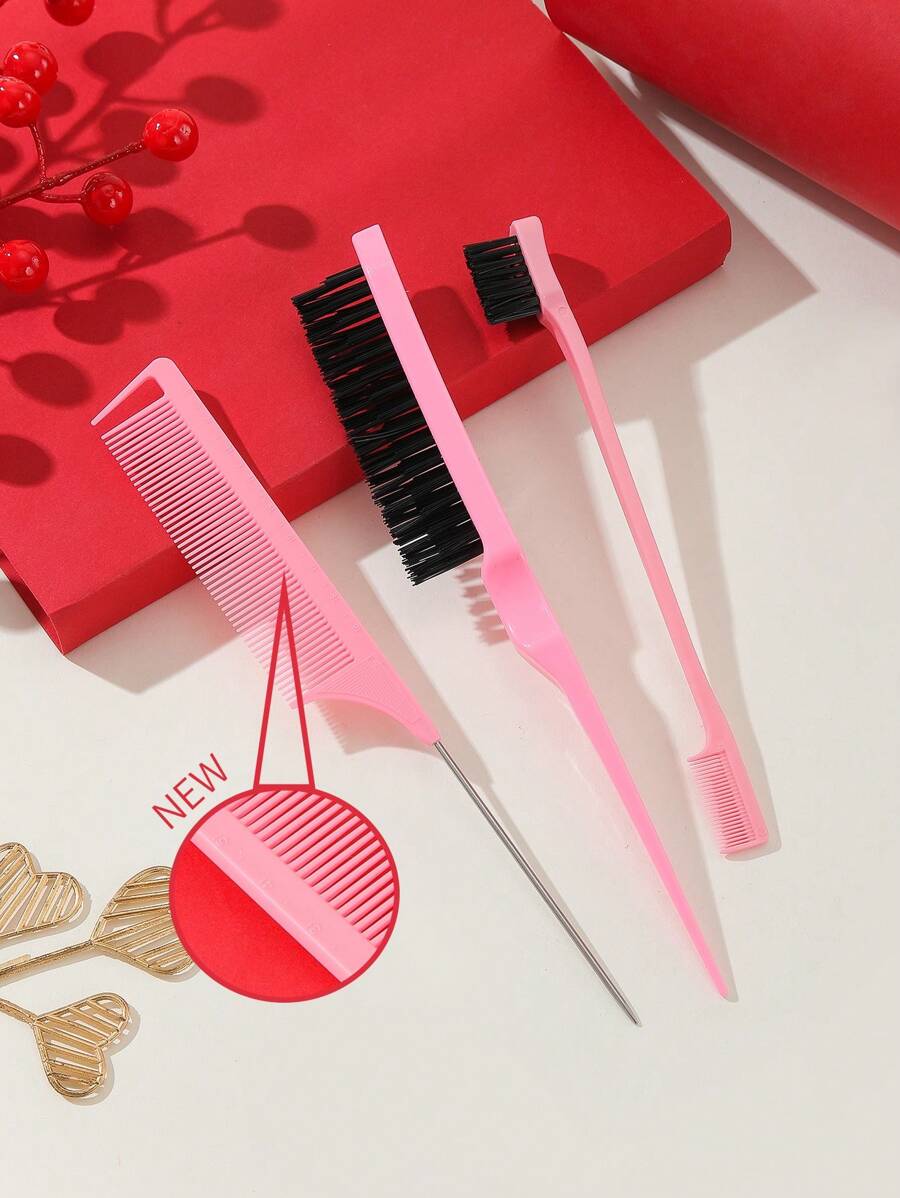 3pcs Hair Styling Comb Set Teaser Hair Brush Rat Tail Comb Edge Brush For Edges And Back Detangling, Combing, Smoothing Hair, Hair Brush/Hair Comb PINK, Hair Brush, Comb, Hair Tools, Hair Products And Accessories For Barber Salon Beauty Travel Essentials