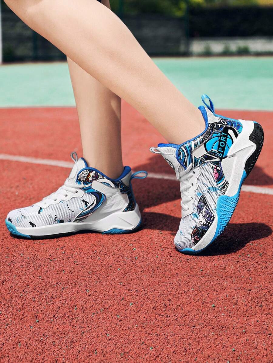 1 Paire De Baskets Imprimées Graffitis Pour Garçons, Adaptées À L'entraînement Intérieur Et Extérieur, Quatre Saisons, Antidérapantes Et Résistantes À L'usure, Avec Lacets, Chaussures De Basket-ball