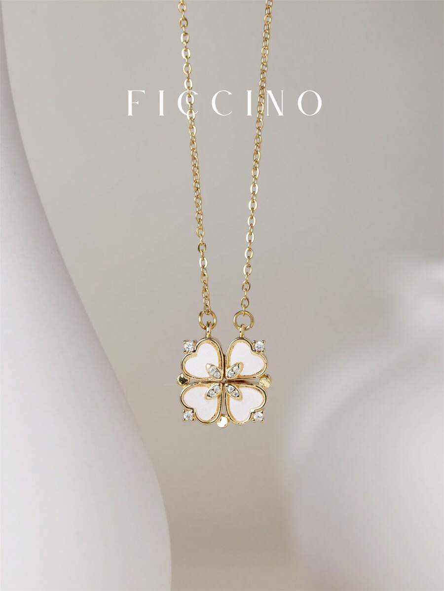FICCINO Colgante de trébol de cuatro hojas chapado en oro de Ficcino con mosaico de corazón incrustado de circonita cúbica, se puede abrir con succión magnética, combinación de múltiples métodos de uso, cadena en O de acero de titanio chapado en oro, adecuado para uso diario y ocasiones especiales de festivales, con caja de regalo para San Valentín.