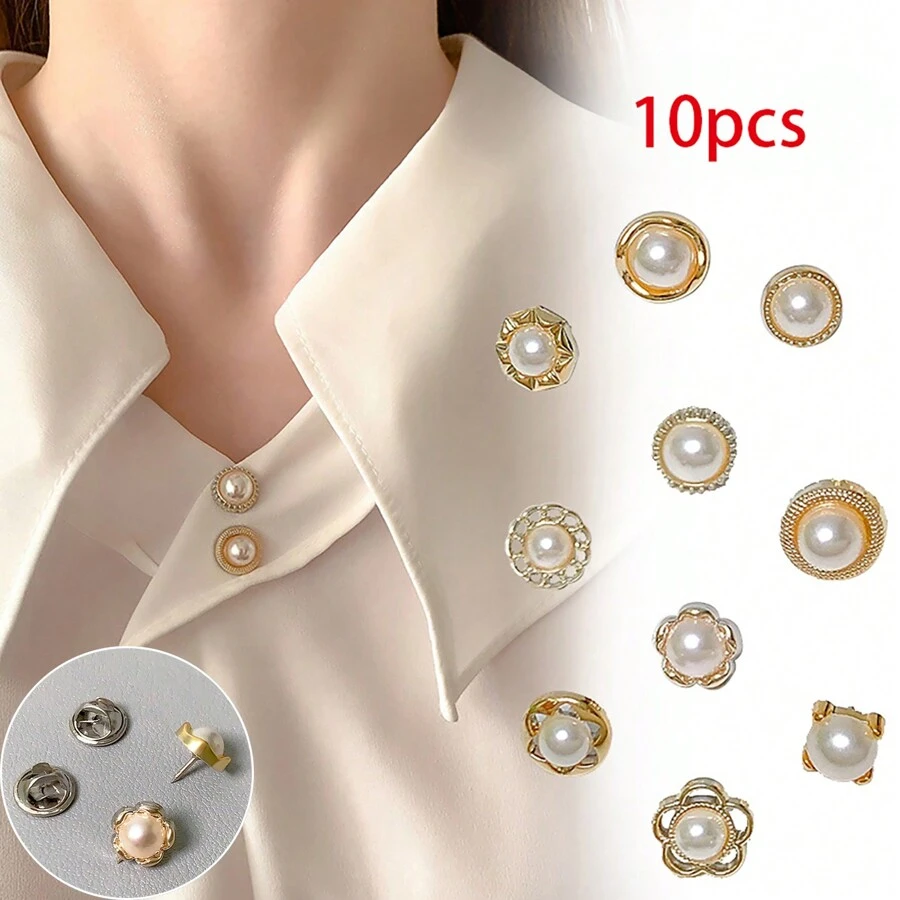 10 pièces Bouton en perle, bouton en plastique, bouton de chemise, bouton de style, bouton de cardigan, bouton cousu à la main pour vêtements, bouton décoratif en forme de fleur, épingle de jeans, ajusteur de taille de jupe, broche anti-exposition, boucle d'encolure pour filles d'été, attache de poitrine, bouton caché, boucle ajustable de taille pour jupe en jean, empêche le glissement du pantalon, sans clou requis