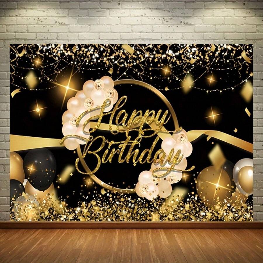 1 pièce, Toile de fond Joyeux anniversaire noir et doré, pois dorés brillants, ballons avec strass, doux fond de photographie de décoration de fête, bannière de table de gâteau, accessoires de photomaton, bannière de fête, bannière d'anniversaire, décoration de maison, décoration de chambre, Noël