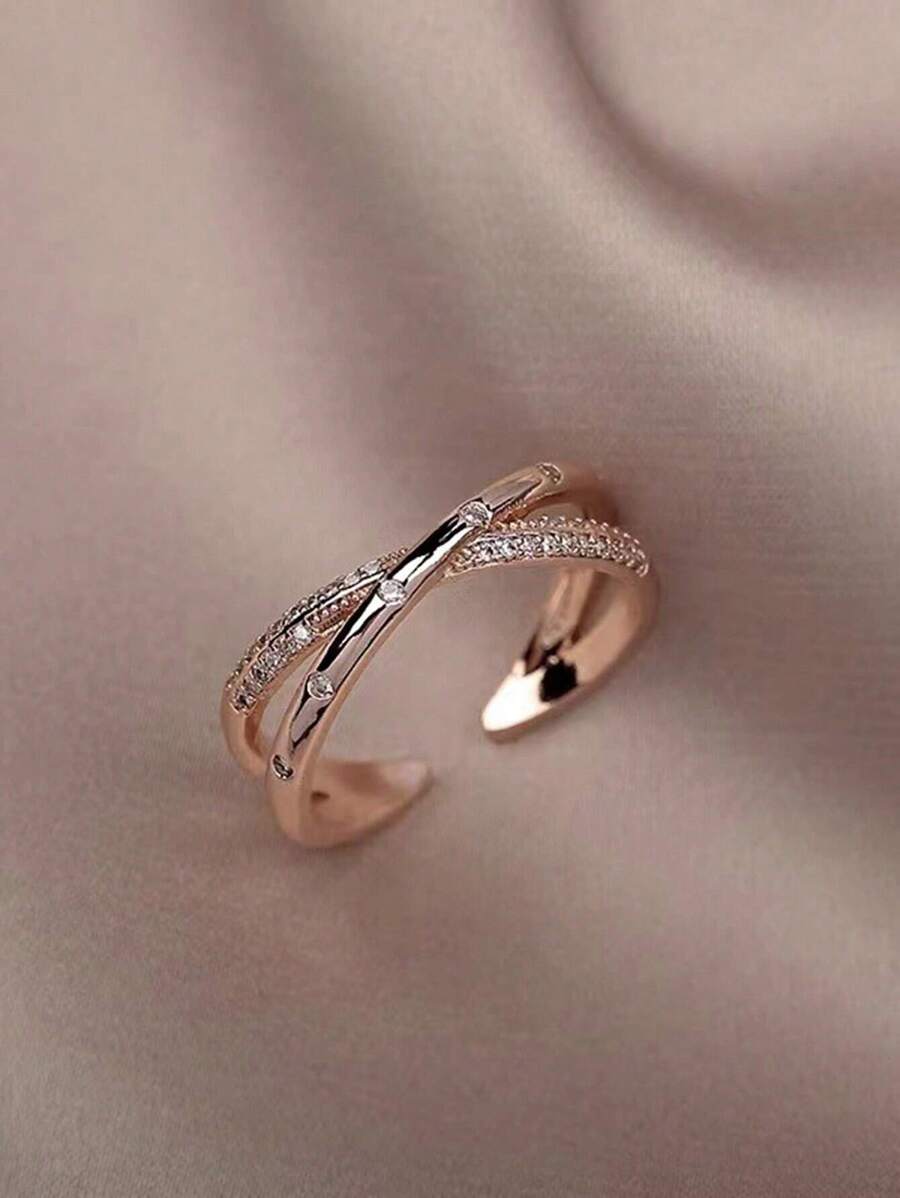 1 Stück Edelstahl Roségold Beschichtetes, Offenes Und Verstellbares Ringdesign Mit Kreuz Und Cz-pflaster, Mode- Und Luxus-schmuckstück Für Frauen