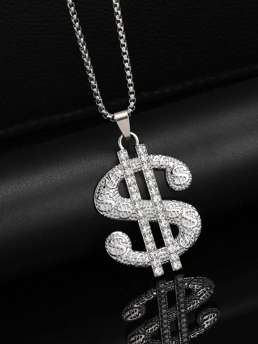 1 Stück 2025 Neue Europäische und Amerikanische Mode übertriebene Dollar Anhänger Halskette, Hip-Hop Edelstahl Pullover Kette Schmuck, großer Strass Geld dekorativer Anhänger Halskette, Herren Alltagskleidung Geburtstagsgeschenk