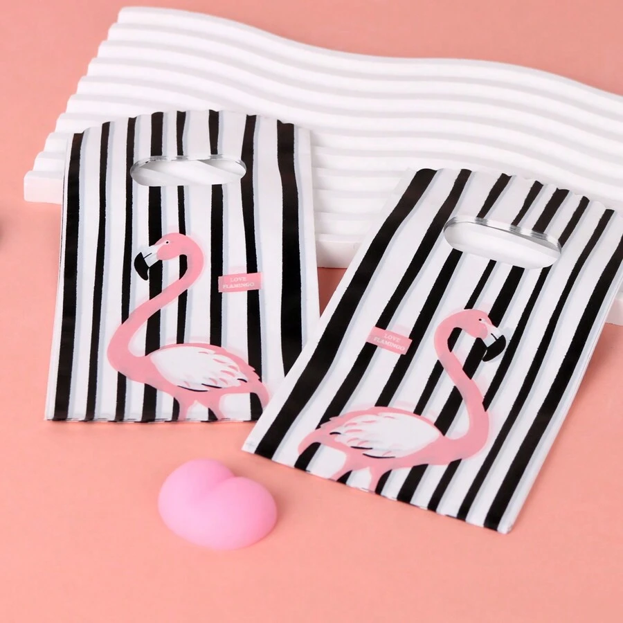 Set de 45 bolsitas de plástico pequeñas con raya negra y diseño de flamenco en el asa, para tienda de joyería, empaques para regalos de fiesta