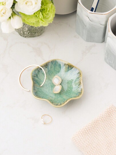 1pc 4.34inch Lotus Shaped Ceramic Jewelry Storage Tray For Small Accessories Ring Earring Trinket Dish, Jade Green, Gift For Valentine's Day