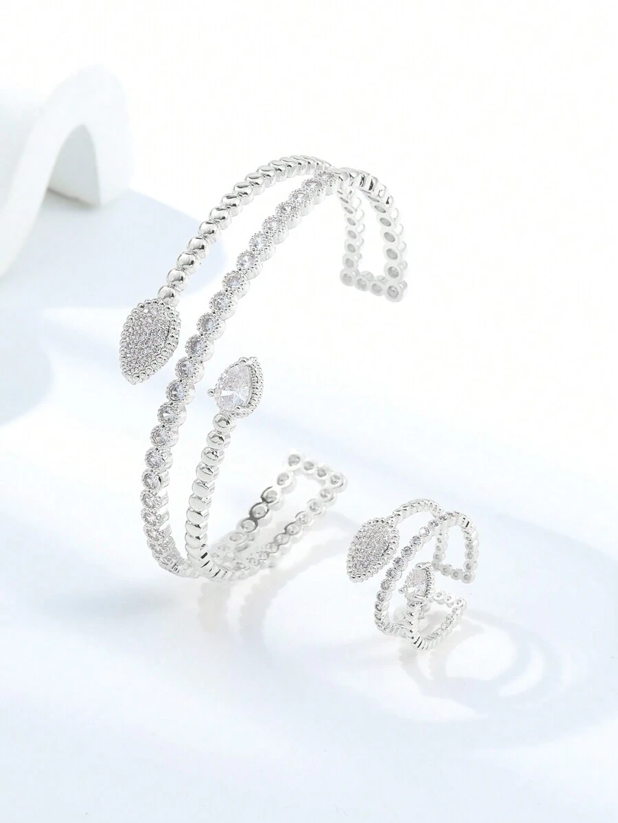 Estilo novo europeu e americano Multilayer Europeu Pingente de Água Zircônia Cúbica Micro Inlay Pulseira Aberta de Cobre e Conjunto de Anel