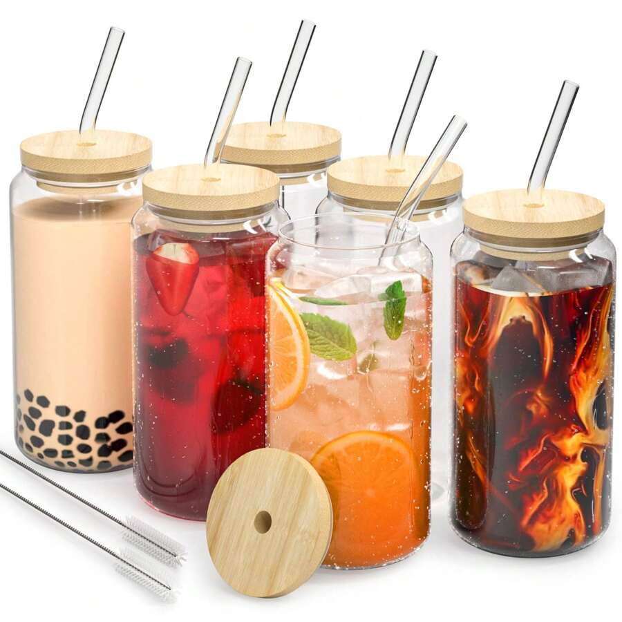 6pcs Glass Cups With Bamboo Lids And Glass Straws, 16oz Glasses Can Shaped Glass Cups, Clear And Cute Tumbler Cup, Ideal For Whiskey, Cocktail, Iced Coffee Gift- 2 Cleaning Brushes