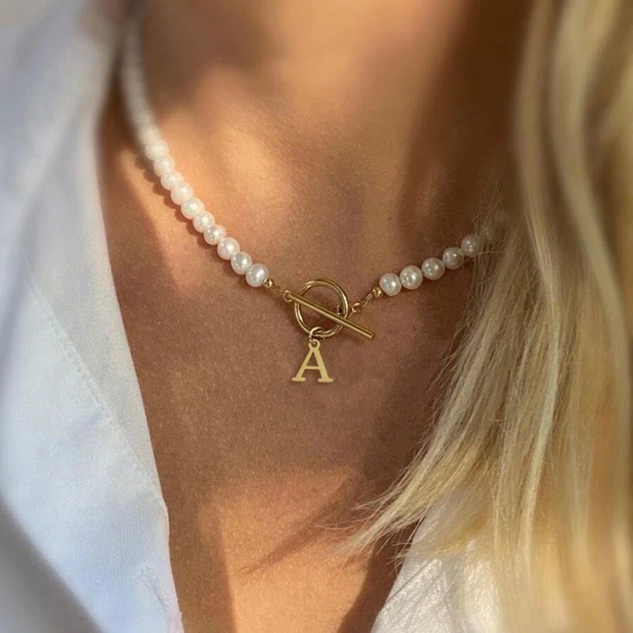 1pc Fashion Stainless Steel Initial Pendant Toggle Clasp Bead Necklace For Women