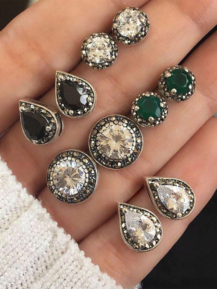 5pairs Bohemian Style Vintage Imitation Gemstone Crystal Teardrop Shaped Women Stud Earrings Set