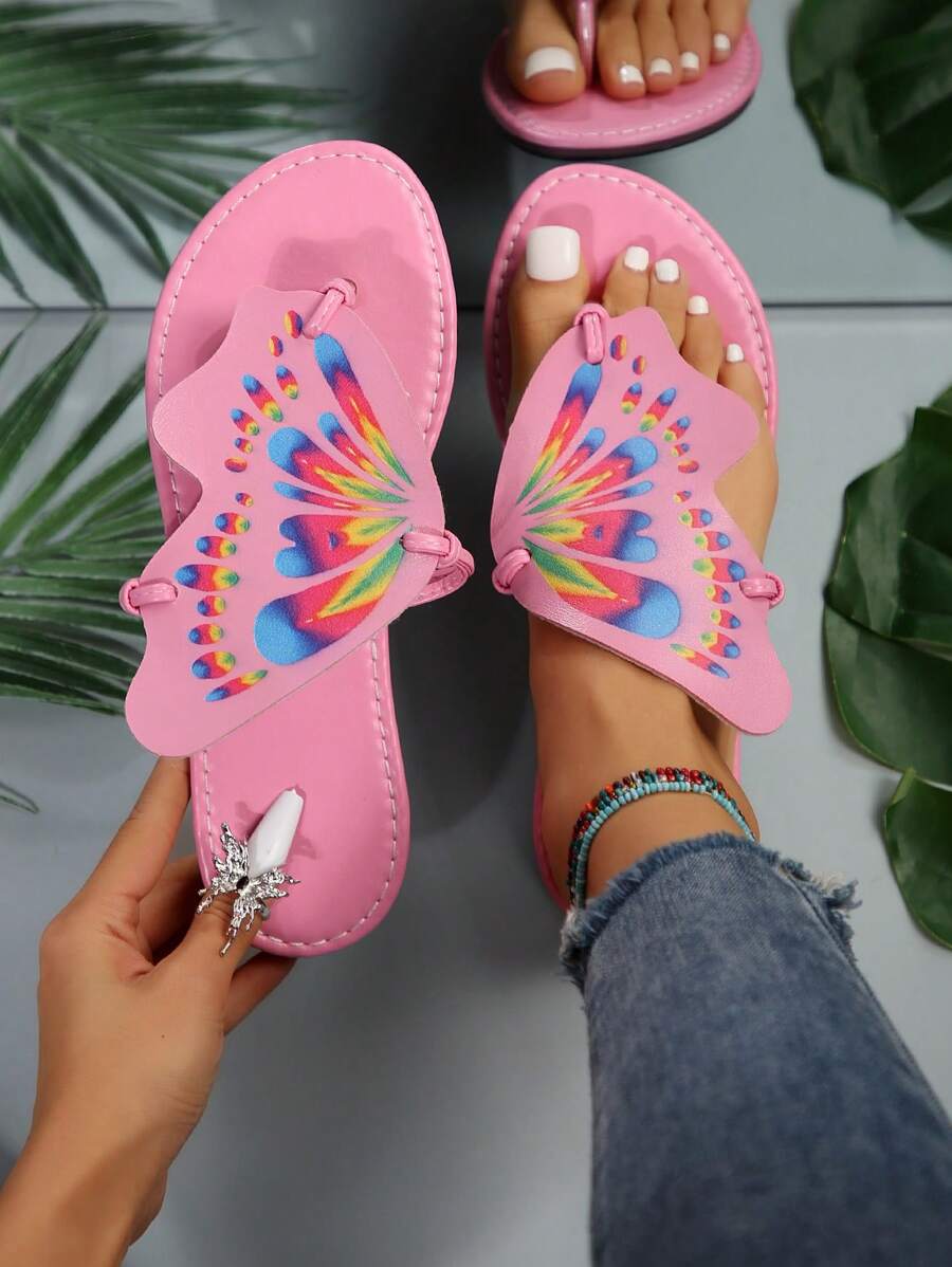 New Women's Popular Elements Butterfly & Floral Design Toe Ring Sandals, Outdoor Dopamine Beach Y2k Elegant Lightweight Flat Slippers Directly Supplied By Factory