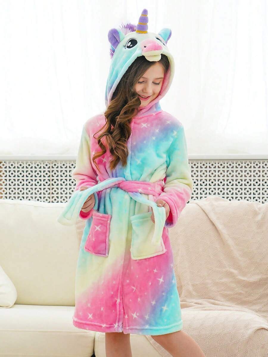 Tween Girl Colorful Starry Unicorn Bathrobe & Homewear