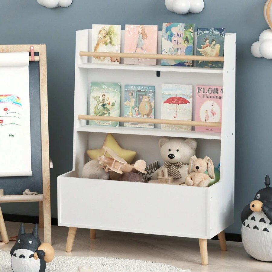 Kids Bookshelf, Wooden Bookcase, Toy Storage Cabinet Organizer, 2-Tiers Book Organizer With Storage Bin
