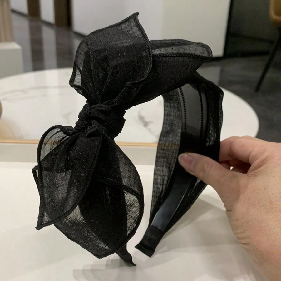 Elegant Korean Style Bowknot Hair Band With Teeth Anti-Skid & Simple Wide Headband With Lace Mesh For Women, All Match Hair Clip Valentine's Day Valentines,Hairband,Hair Hoop Headbands, Black